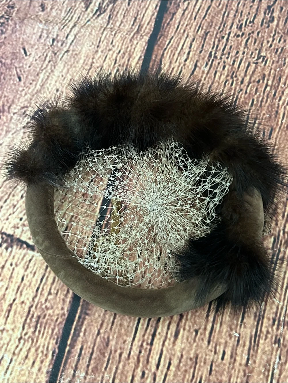 Vintage Mink Fur Pillbox Hat Brown Veil Velvet Bow Whimsy Fascinator 50s 60s